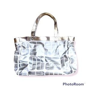 Clinique Silver & White Large Canvas Shopper Tote Beach Bag